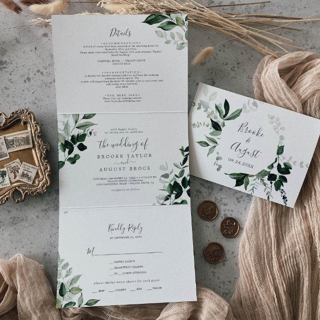 Emerald Greenery | Leaf Back Wedding All In One Tri-fold