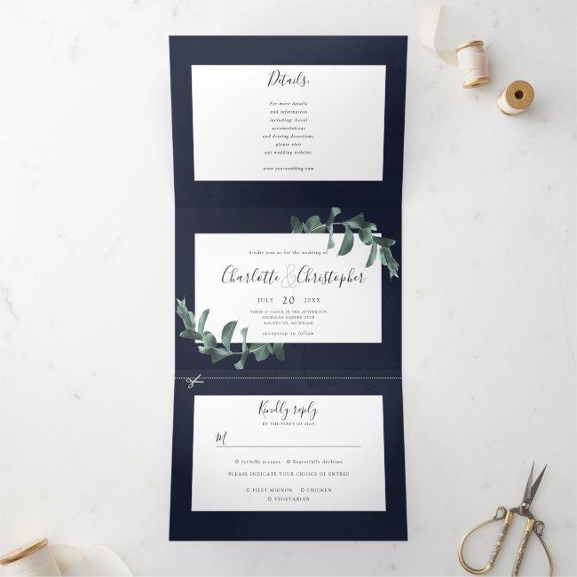 Eucalyptus Watercolor Navy Blue All In One Wedding Tri-fold