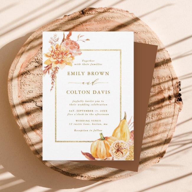 Fall Floral Pumpkin Rustic Wedding Gold Script