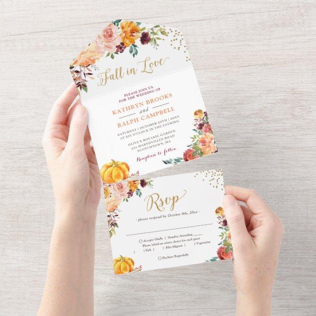 Fall In Love Pumpkin Botanical Floral Gold Wedding All In One