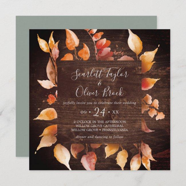 Fall Leaves | Rustic Brown Wood Square Wedding