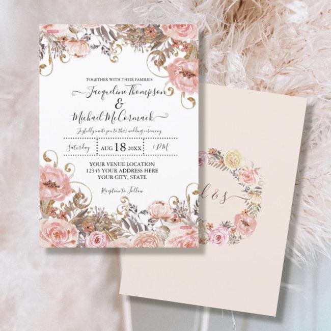 Fall Muted Blush Pink Watercolor Floral Rose Gold