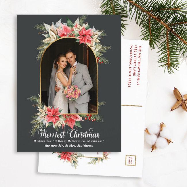 Farmhouse Poinsettia Modern Arched Newlyweds Photo Holiday Post