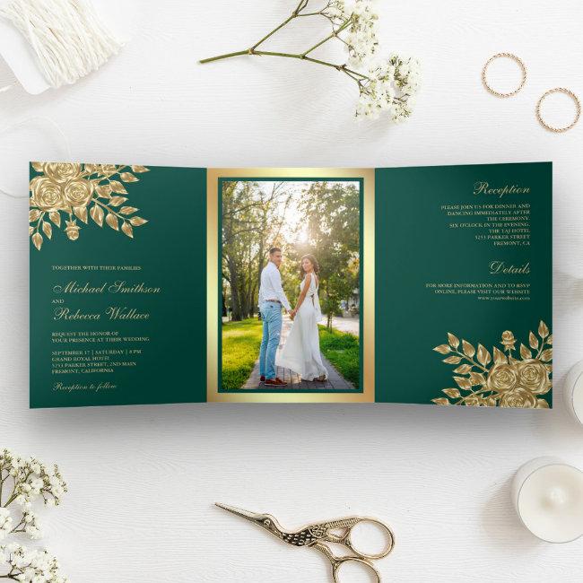 Faux Gold Foil Leaves Floral Teal Green Wedding Tri-fold