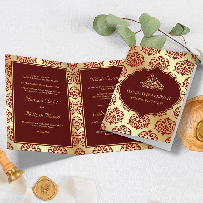 Faux Gold Foil Maroon Red Damask Muslim Wedding