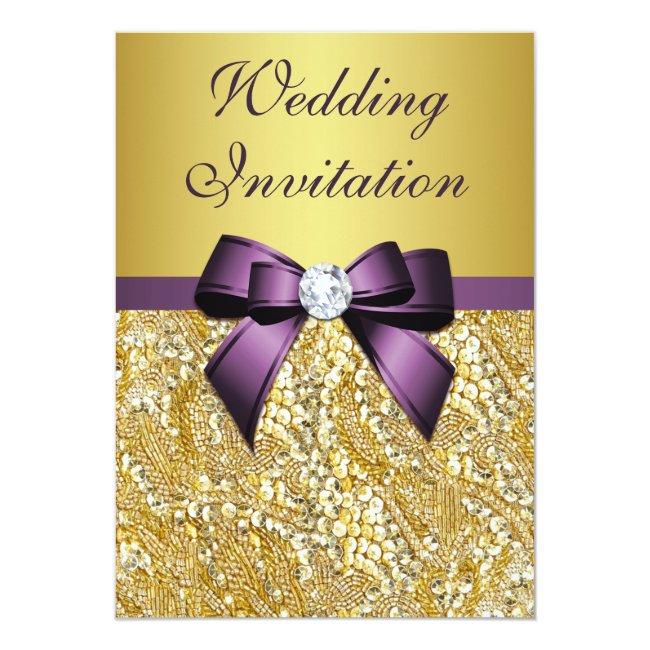 Faux Gold Sequins Diamonds Purple Bow Wedding