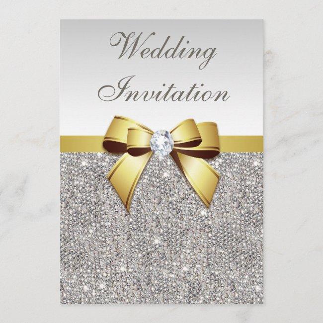Faux Silver Sequins Diamonds Gold Bow Wedding