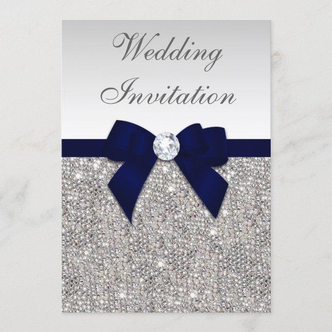 Faux Silver Sequins Diamonds Navy Bow Wedding