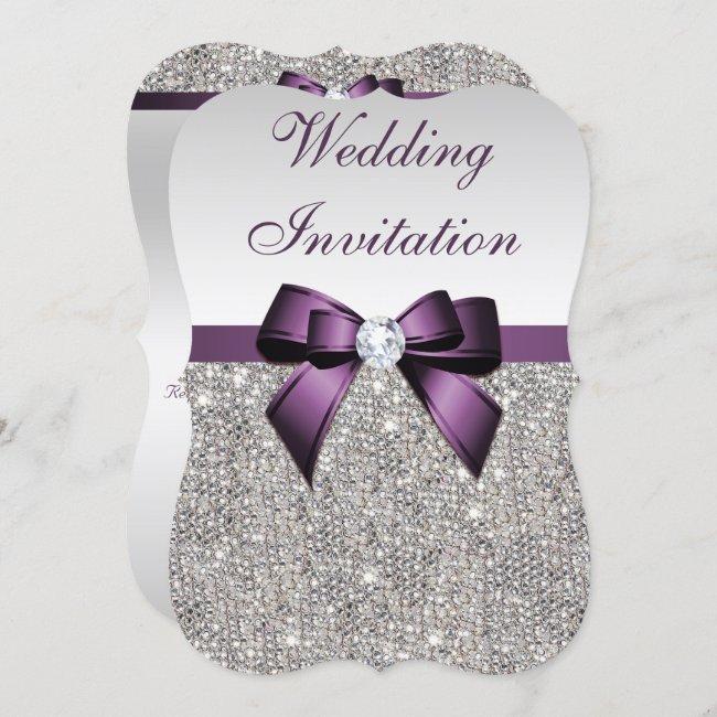 Faux Silver Sequins Diamonds Purple Bow Wedding