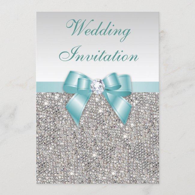 Faux Silver Sequins Diamonds Teal Bow Wedding