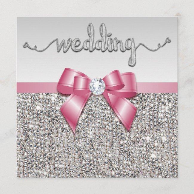 Faux Silver Sequins Pink Bow Wedding