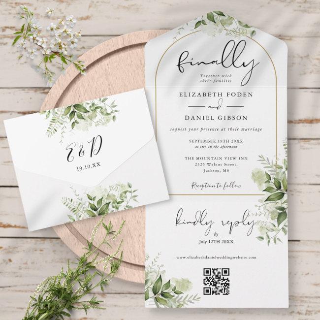 Finally Gold Arch Greenery Floral Qr Code Wedding All In One