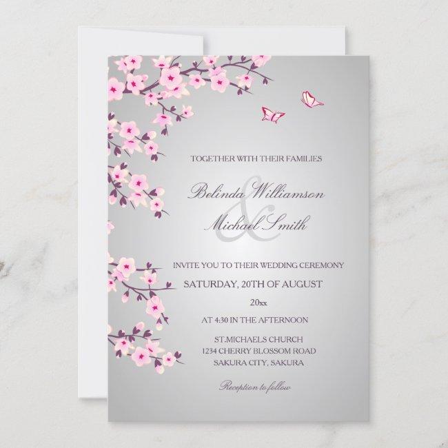 Floral Cherry Blossoms Pink Gray Wedding