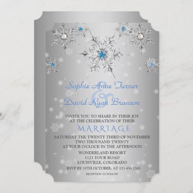 Glam Silver Snowflakes Crystal Blue Pearls Wedding
