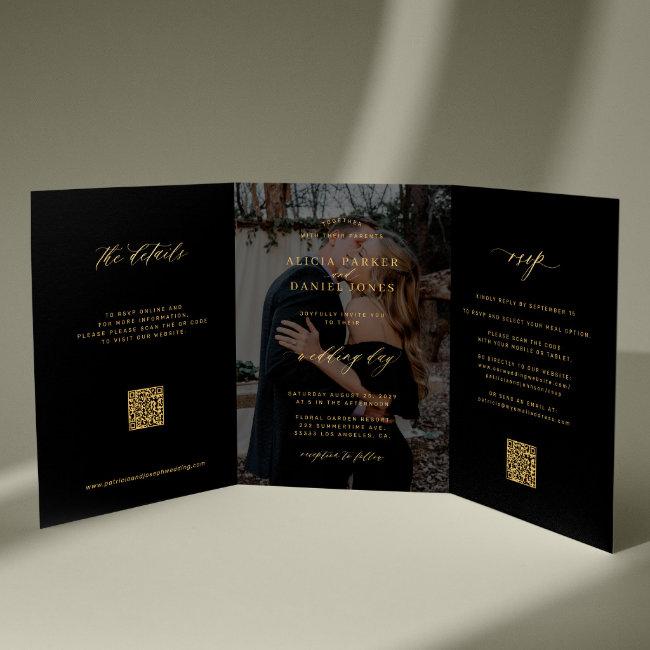 Gold Black Photo Wedding Rsvp Details Qr Code Tri-fold