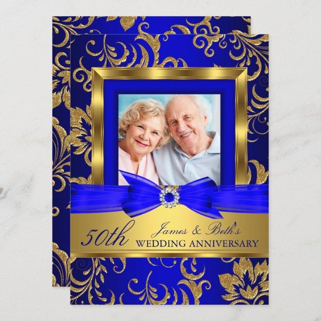 Gold Blue Floral Photo 50th Wedding Anniversary