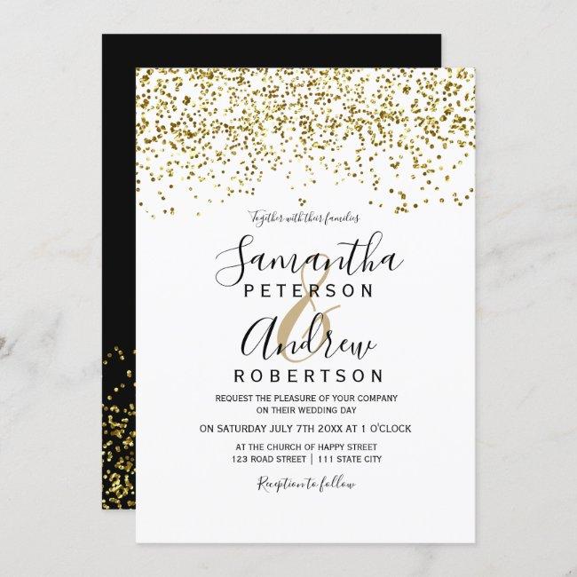 Gold Confetti Black White Typography Wedding