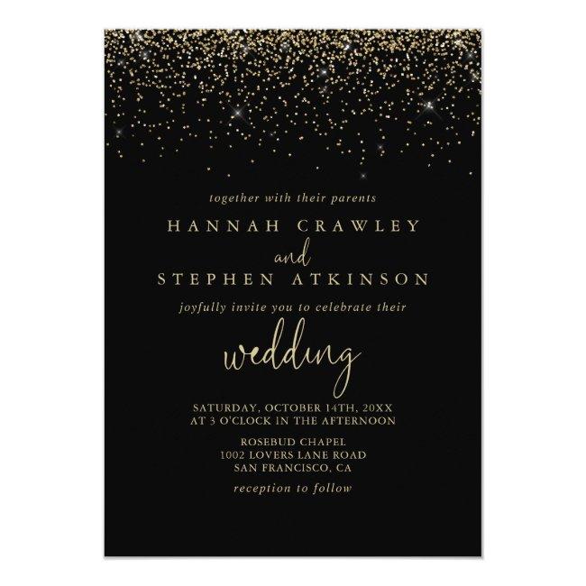 Gold Confetti Fancy Script Front & Back Wedding