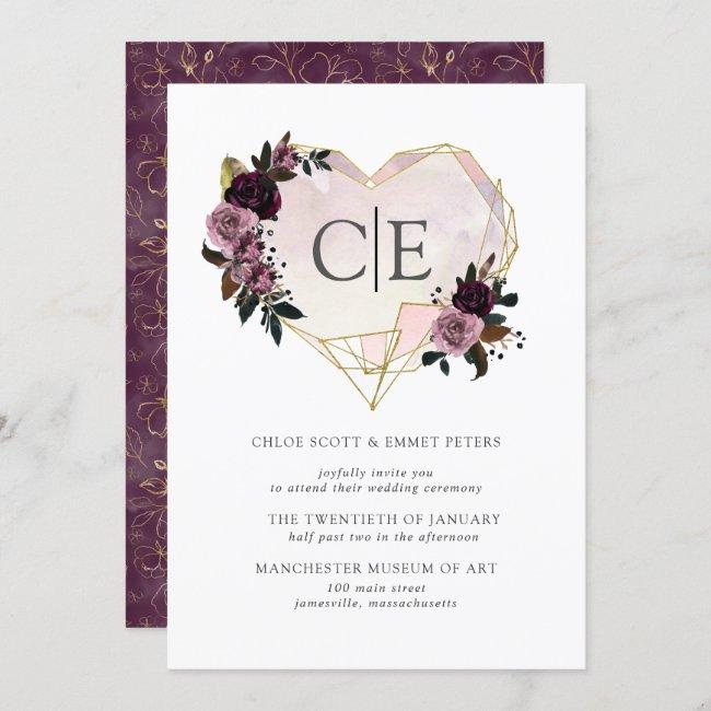 Gold Crystal Heart Pink Purple Floral Wedding