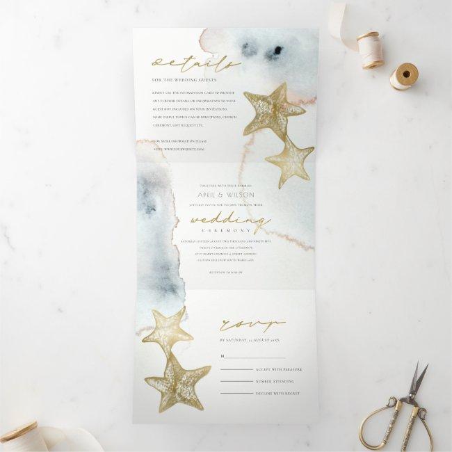 Gold Dusky Blue Beachy Starfish Watercolor Wedding Tri-fold