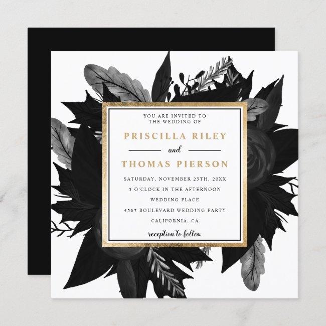 Gold Fall Floral Watercolor Black White Wedding