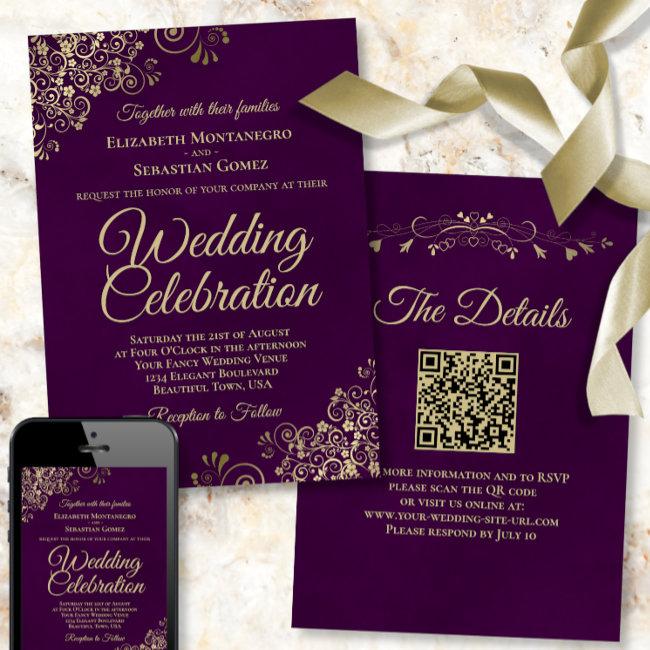 Gold Frills On Plum Purple Elegant Qr Code Wedding