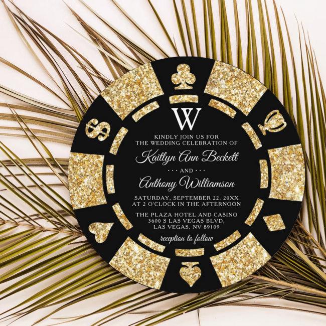 Gold Glitter Monogram Poker Chip Casino Wedding