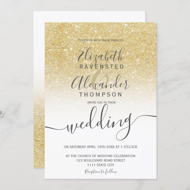 Gold Glitter Ombre White Script Chic Wedding