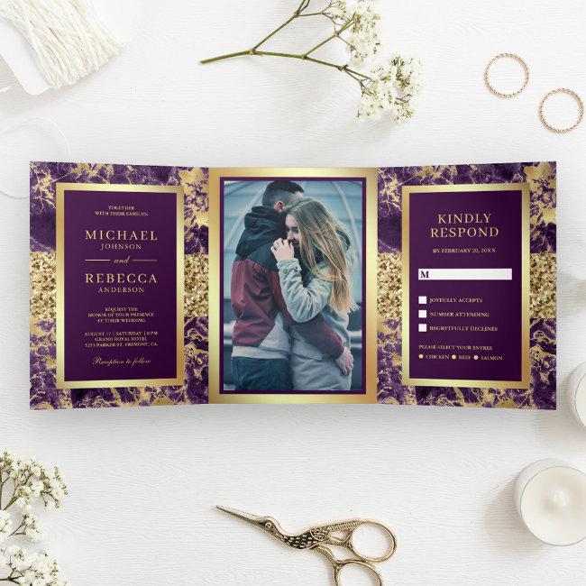 Gold Glitter Purple Marble Photo Wedding Tri-fold