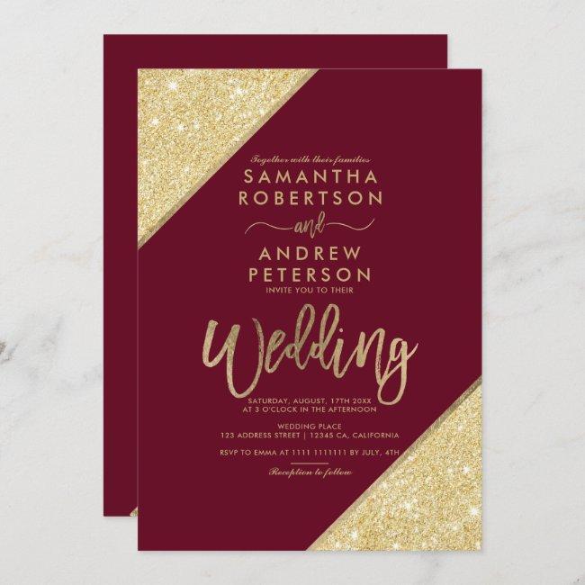 Gold Glitter Stripe Typography Marsala Red Wedding