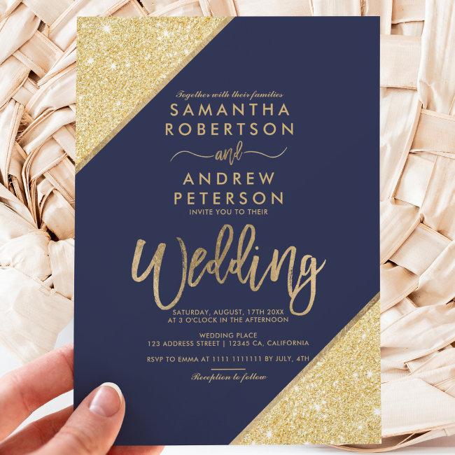 Gold Glitter Stripes Typography Navy Blue Wedding