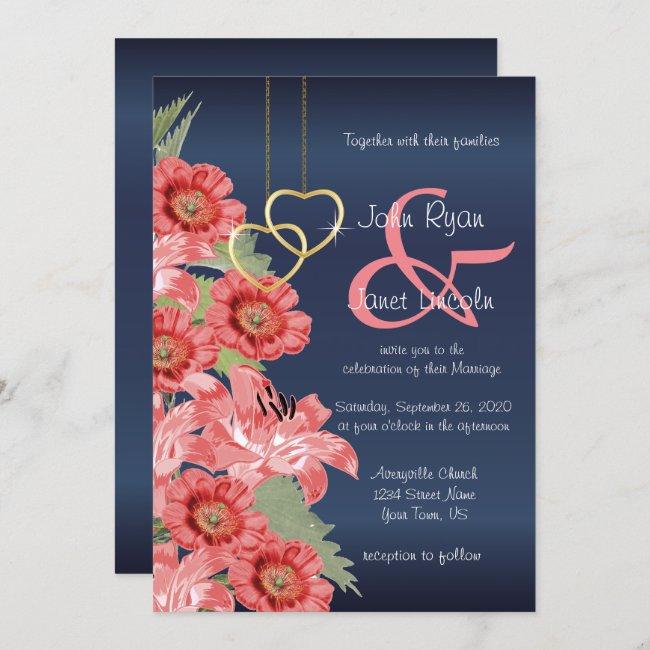 Gold Heart And Coral Flowers Wedding