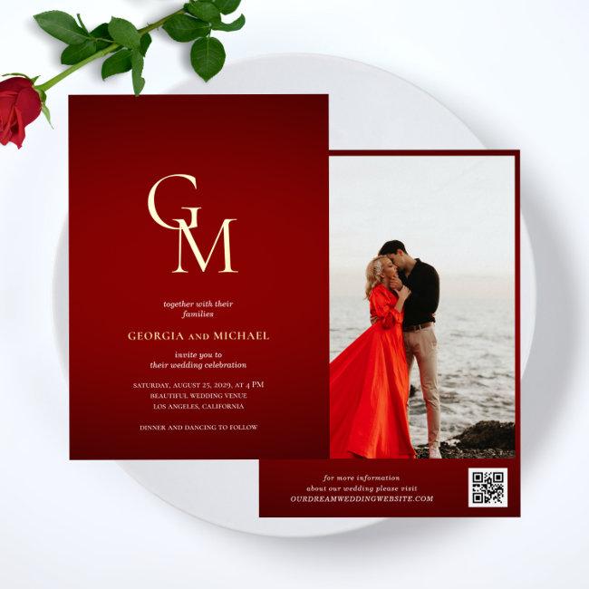 Gold Monogram Dark Red Moody Photo Qr Code Wedding Foil