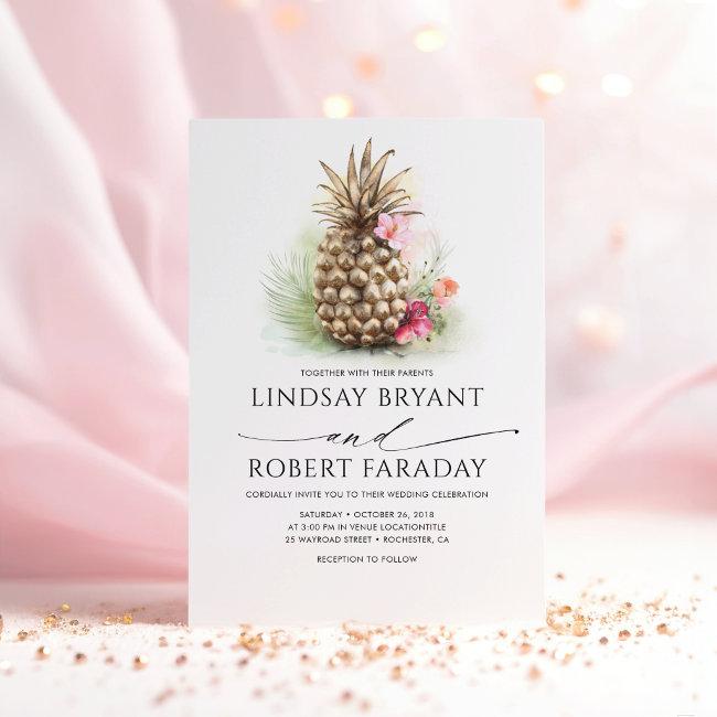 Gold Pineapple Pink Floral Beach Wedding