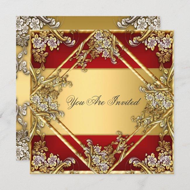 Gold Red Floral Frame Party  Gold Red