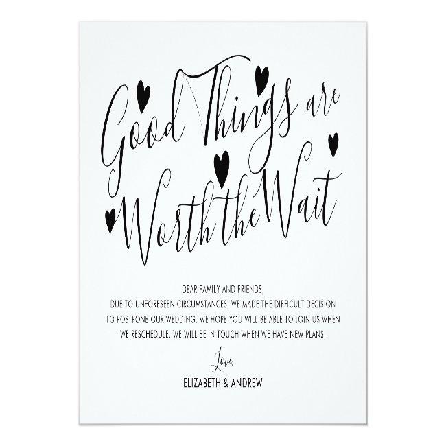 Good Things Worth The Wait Wedding Postponement Announcement Post