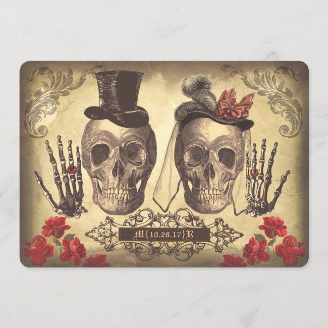 Gothic Skull Couple Day Of The Dead Wedding Invite