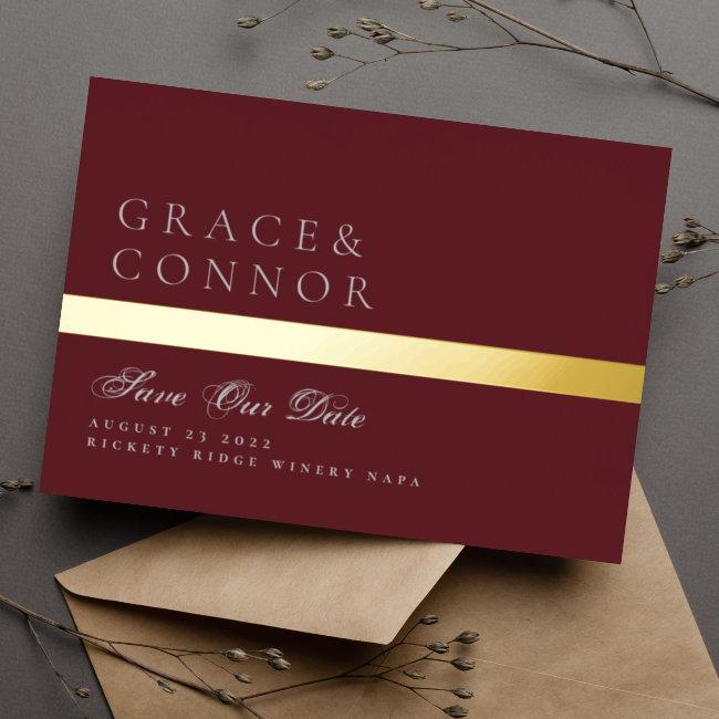 Gray Maroon Red Burgundy Gold Stripe Save The Date Foil