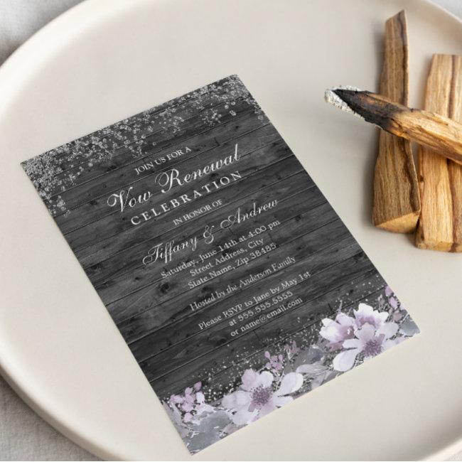 Gray Wood Purple Floral Vow Renewal Invite