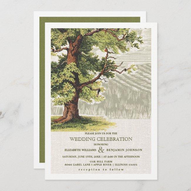 Green Beige Vintage Oak Tree Burlap Wedding