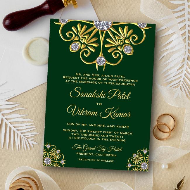 Green Gold Diamond Mandala Indian Wedding Invite