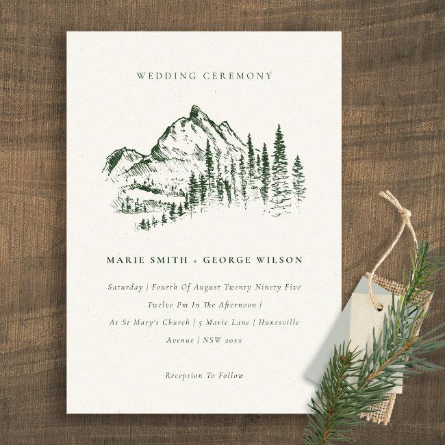 Green Pine Woods Mountain Sketch Wedding Invite