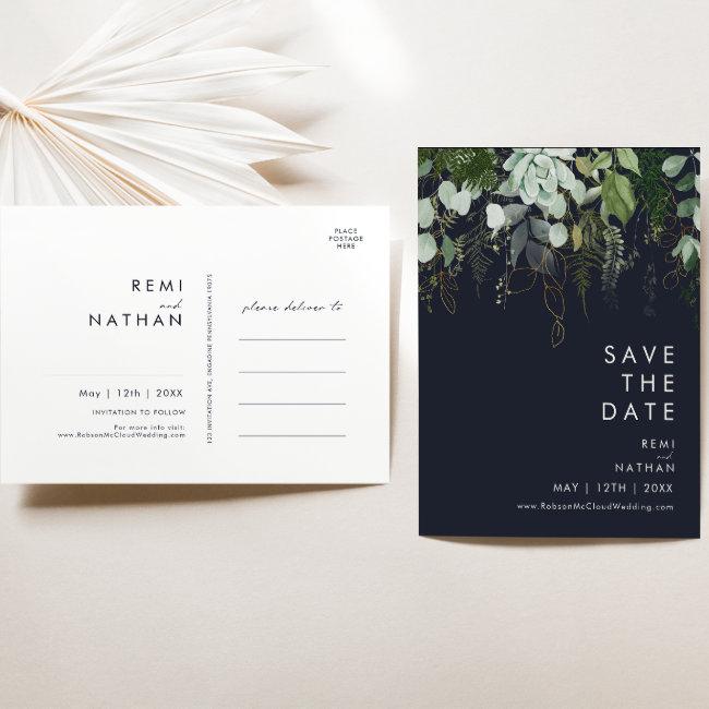 Greenery And Gold Dark Navy Save The Date Post