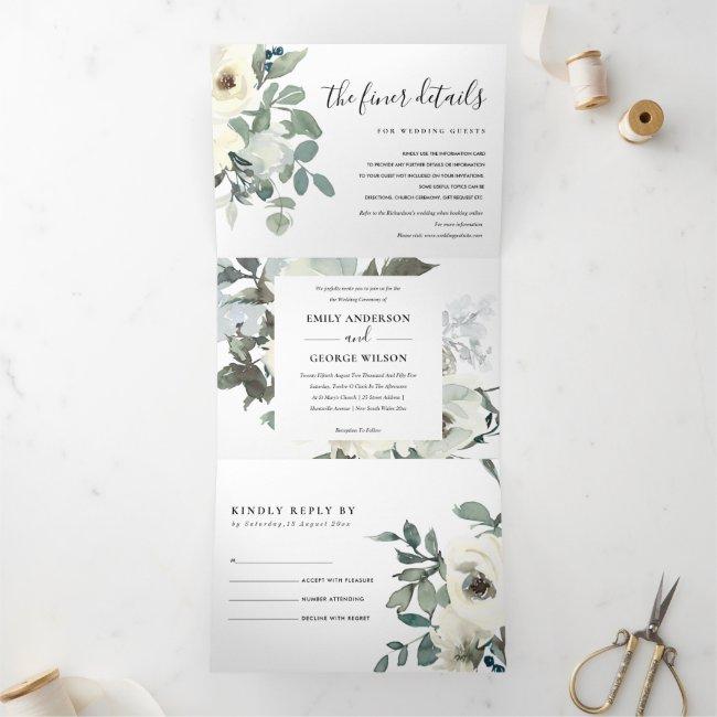 Grey Ivory White Floral Watercolor Bunch Wedding Tri-fold