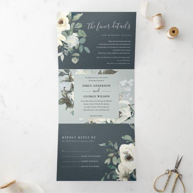 Grey Ivory White Floral Watercolor Bunch Wedding Tri-fold