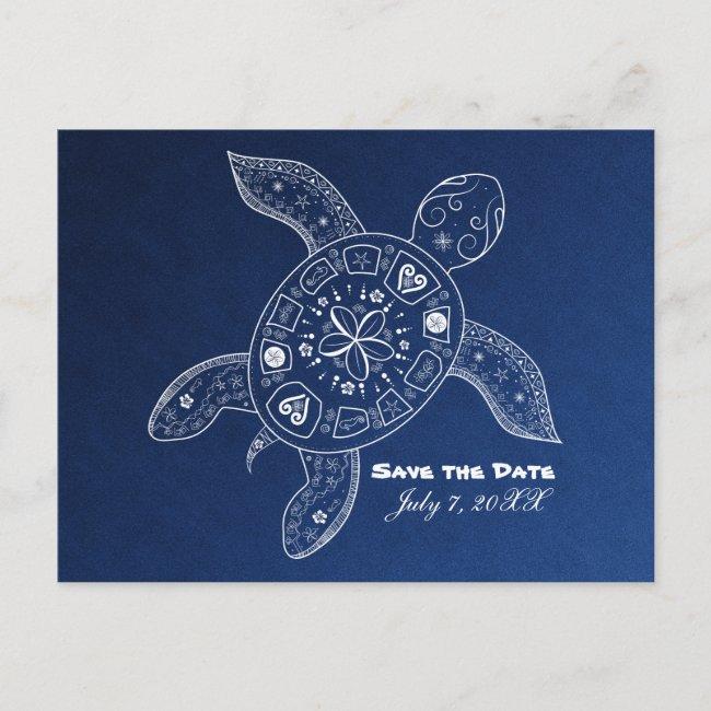 Hawaiian Sea Turtle White Blue Beach Save The Date Announcement Post