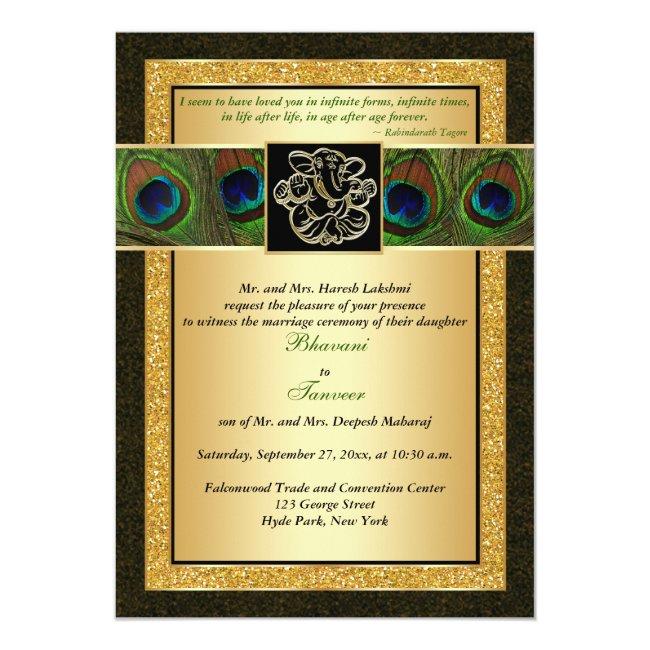 Hindu Ganesh Black, Gold Peacock Wedding Invite