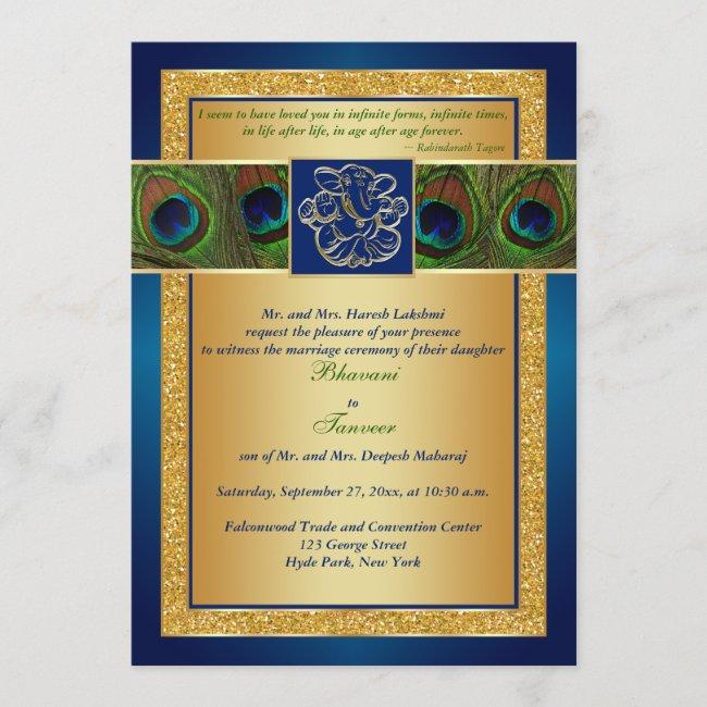 Hindu Ganesh Blue, Gold Peacock Wedding Invite