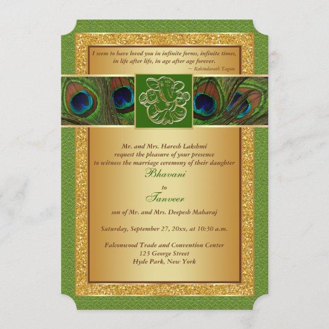 Hindu Ganesh Green, Gold Peacock Wedding Invite