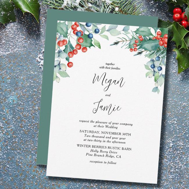 Holly And Berries Watercolor Winter Wedding Invita